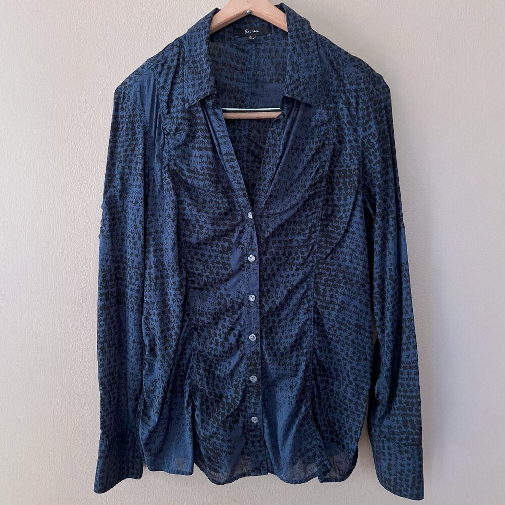 Express Button-Down Cotton Shirt Abstract Stars Blue Black Medium Office Grunge